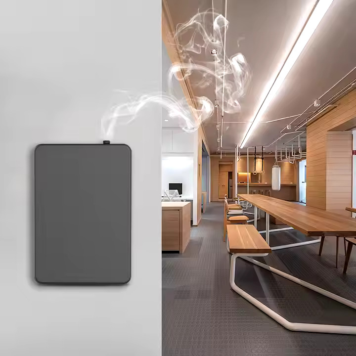 Difusor Slim gris montado en la pared de una oficina diáfana