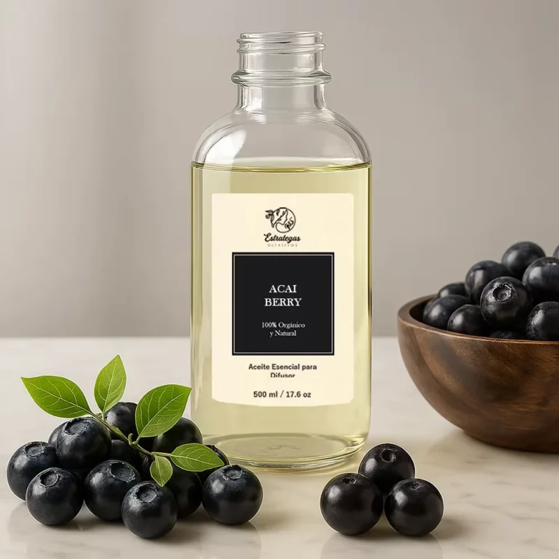 Frasco de aroma Acai Berry rodeado de moras de açaí, fragancia dulce y afrutada