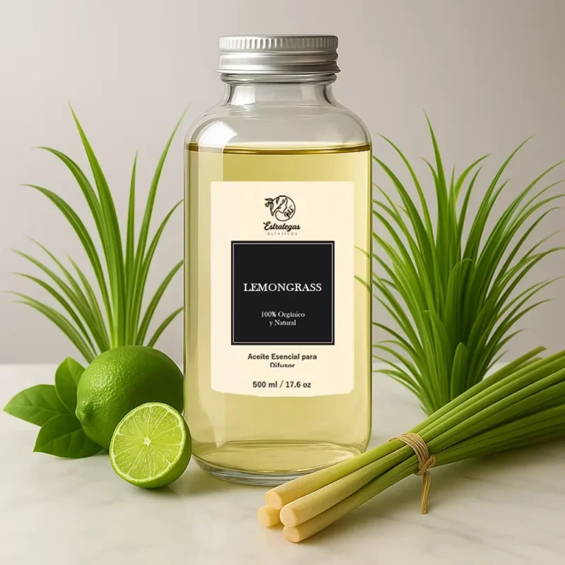 Frasco de aroma Lemongrass con hojas de limoncillo, y limones, es una fragancia herbal cítrica, fresca y energizante