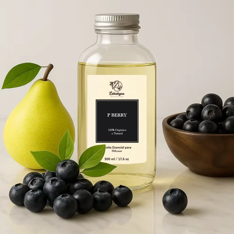 Frasco de aroma P-Berry con frutos del bosque como moras de acai y pera ajou, fragancia frutal dulce y juvenil