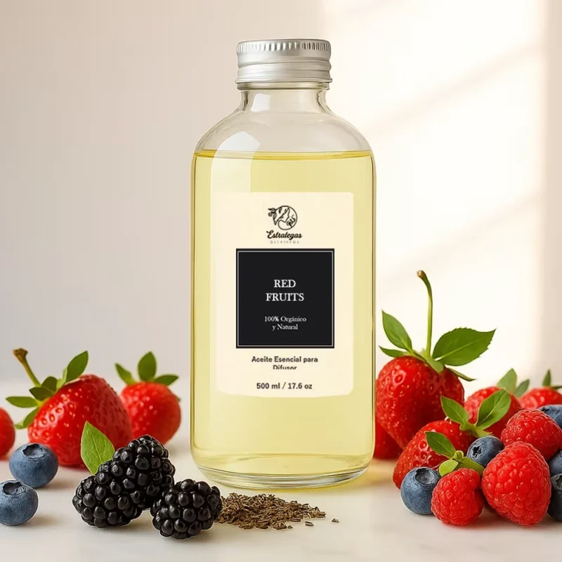 Frasco de aroma Red Fruits con frutos rojos, fragancia intensa, dulce y vibrante