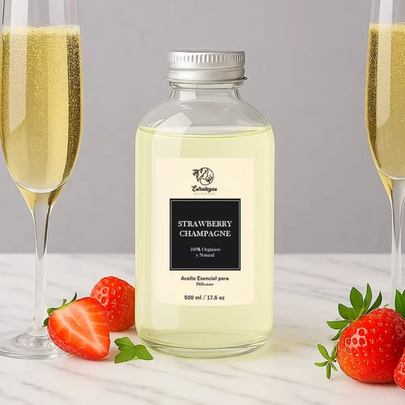 Frasco del aroma Strawberry Champagne, acompañado de fresas y una copa de champagne burbujeante de fondo.