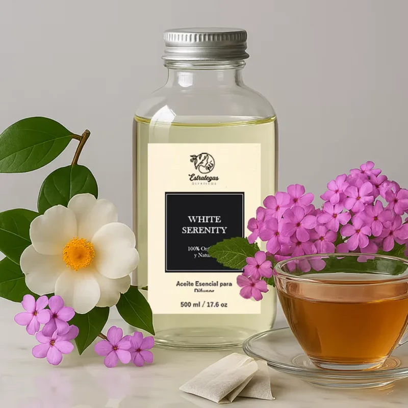 Frasco de aroma White Serenity con notas frescas y florales de verbena y té blanco, ideal para ambientes relajantes