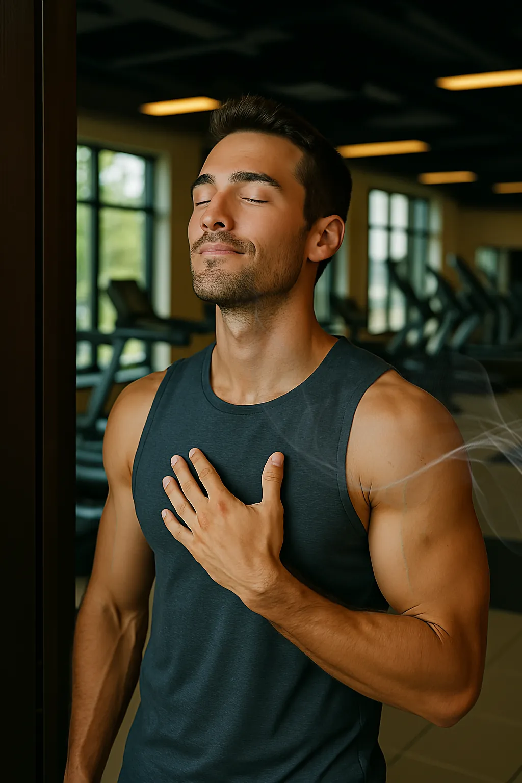 Hombre respirando el aroma a la entrada del gimnasio