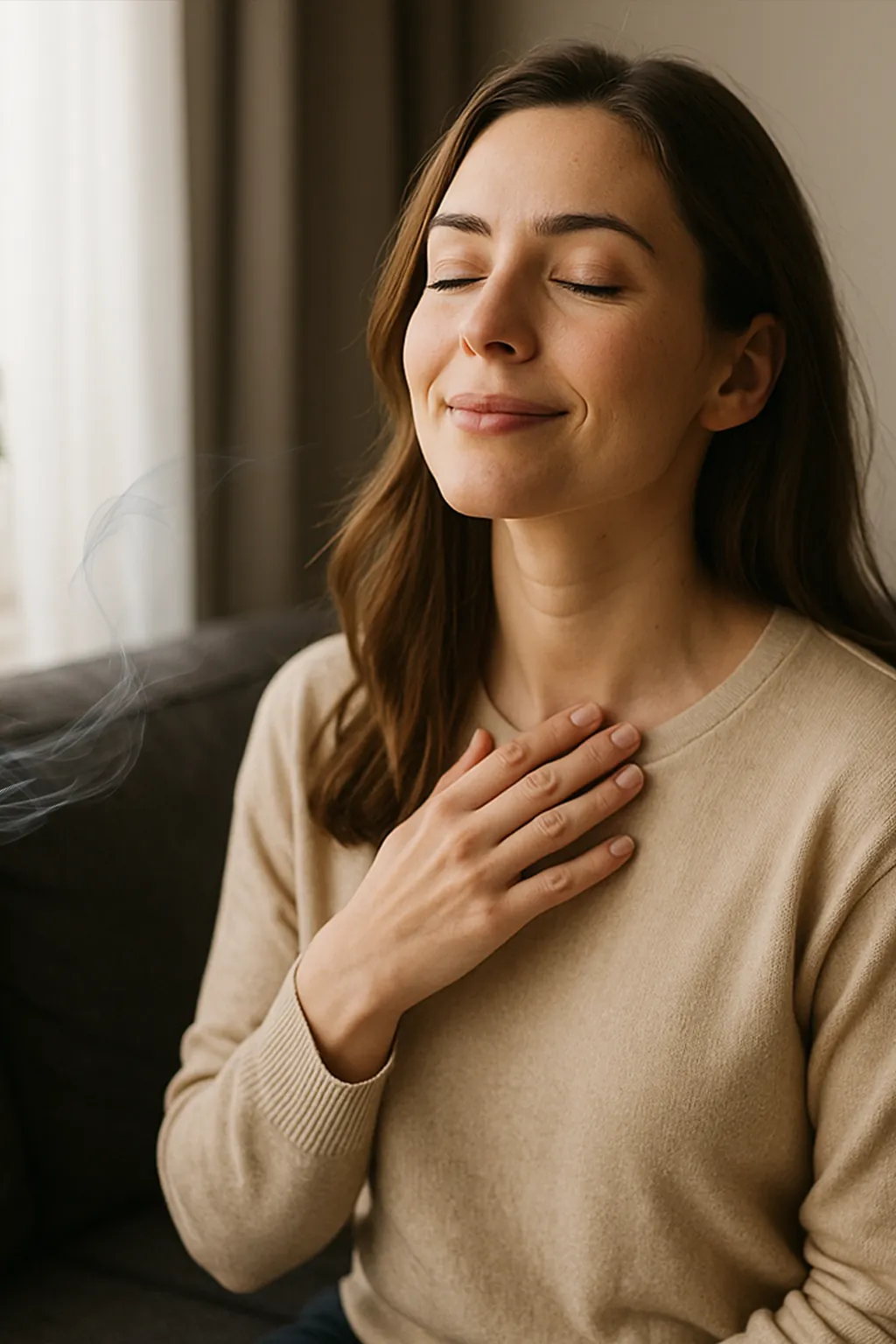 Mujer con los ojos cerrados disfrutando el aroma en la sala de su casa