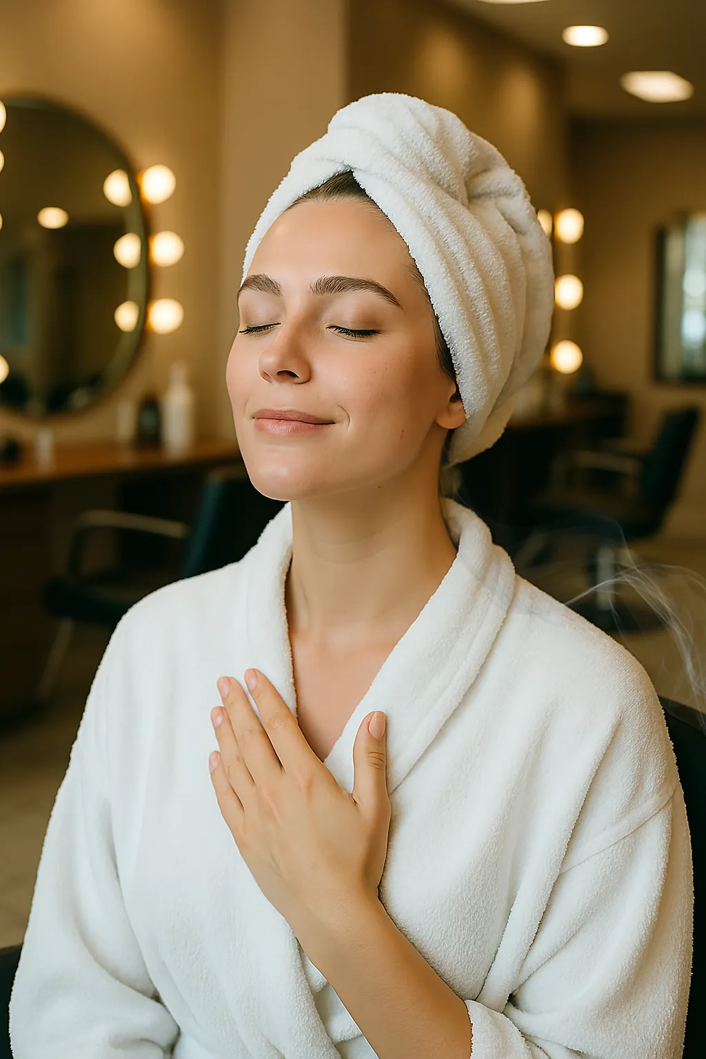 Mujer en bata relajándose con el aroma del spa