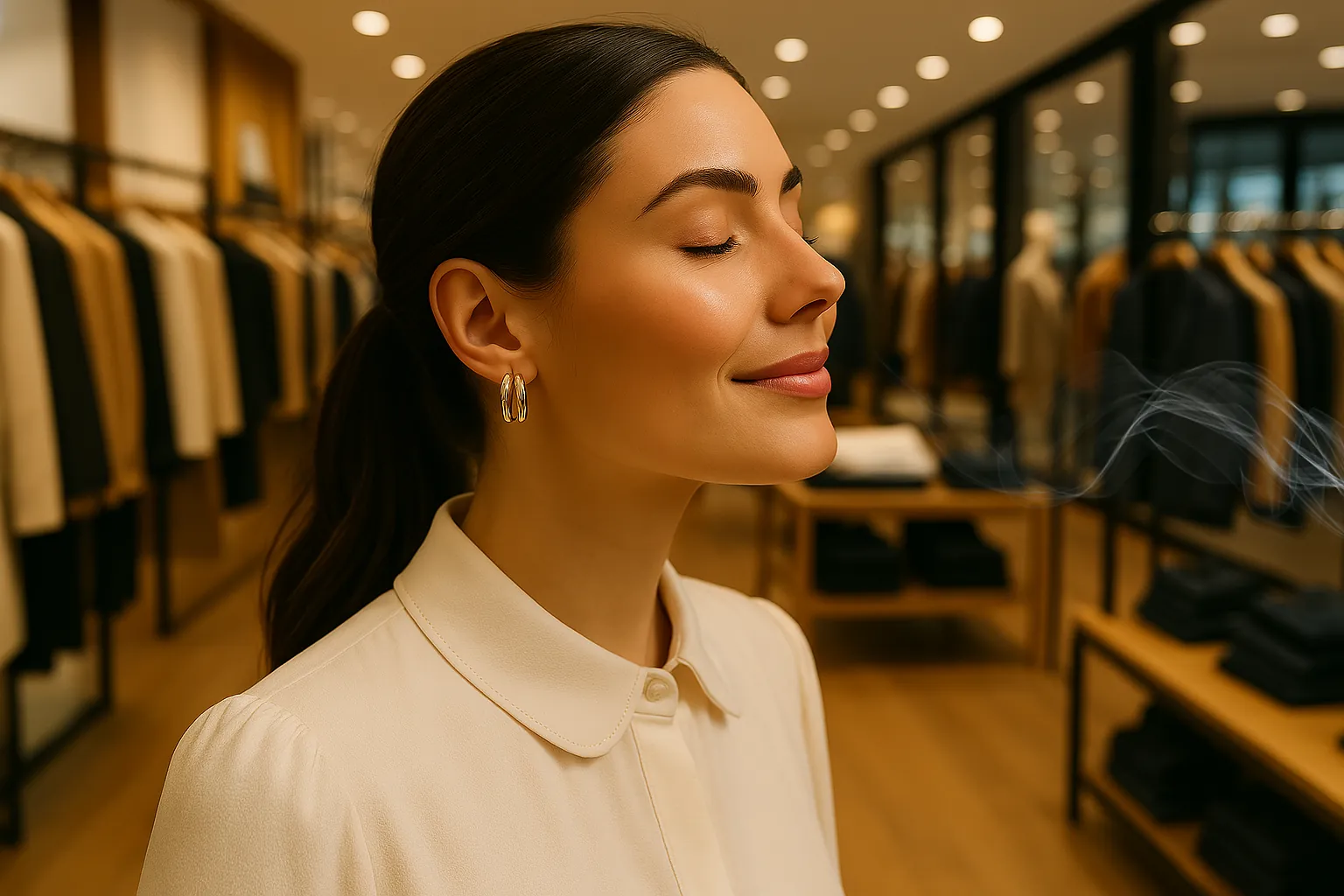 Clienta disfrutando el aroma de una tienda de ropa