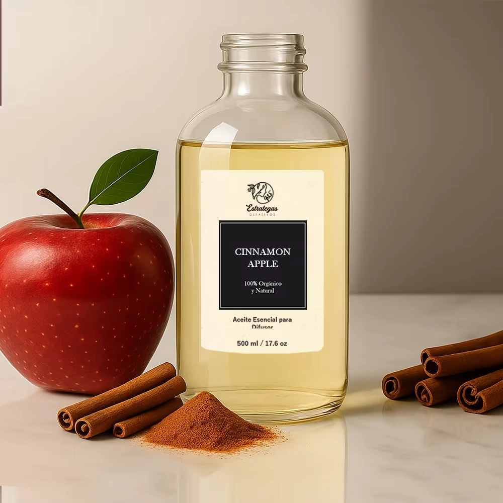 Frasco de aroma Cinnamon Apple con manzanas rojas y canela, fragancia cálida y especiada