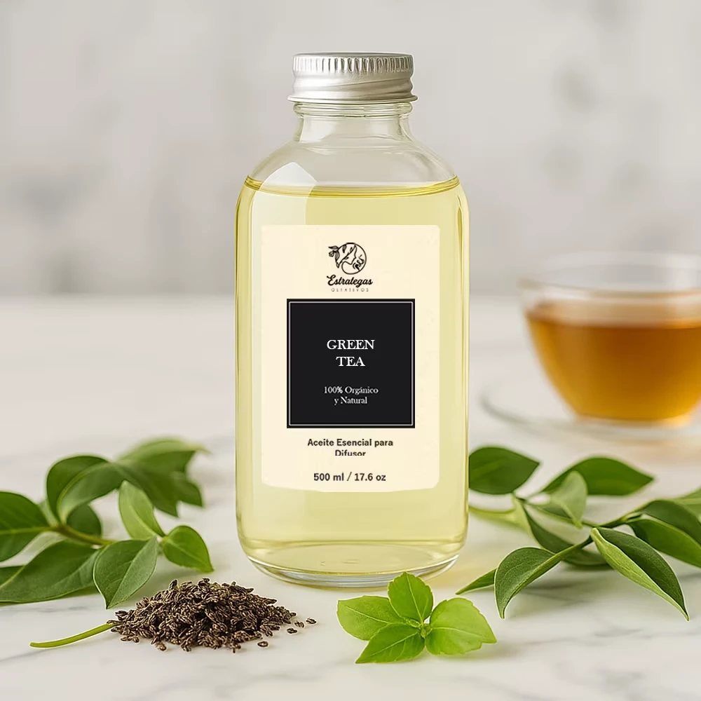 Frasco de aroma Green Tea con hojas de té verde, fragancia fresca, suave y revitalizante